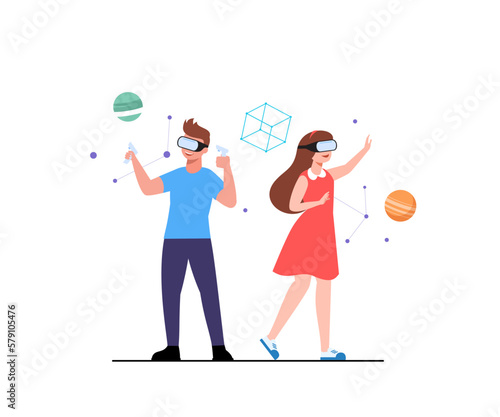 Man and Woman wearing virtual reality glasses creates 3d artwork
