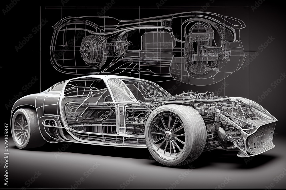 Naklejka premium Illustration of automotive concept development drawing, AI-generated image.