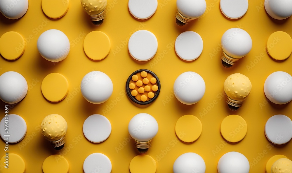  a bowl of eggs and some white ones on a yellow surface with other eggs around it and a few more ones in the middle of the photo.  generative ai