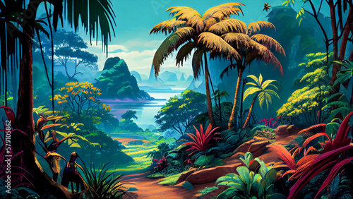 Painting Illustration of scenic Tropical landscape in Rainforest  AI-Generated image.  