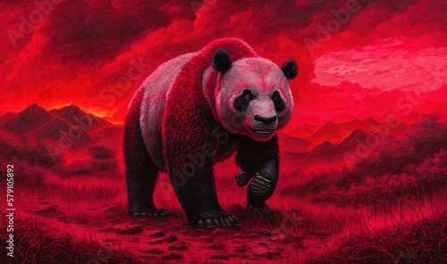  a painting of a red panda bear walking across a red field with mountains in the background and clouds in the sky above it  with a red hue in the foreground.  generative ai