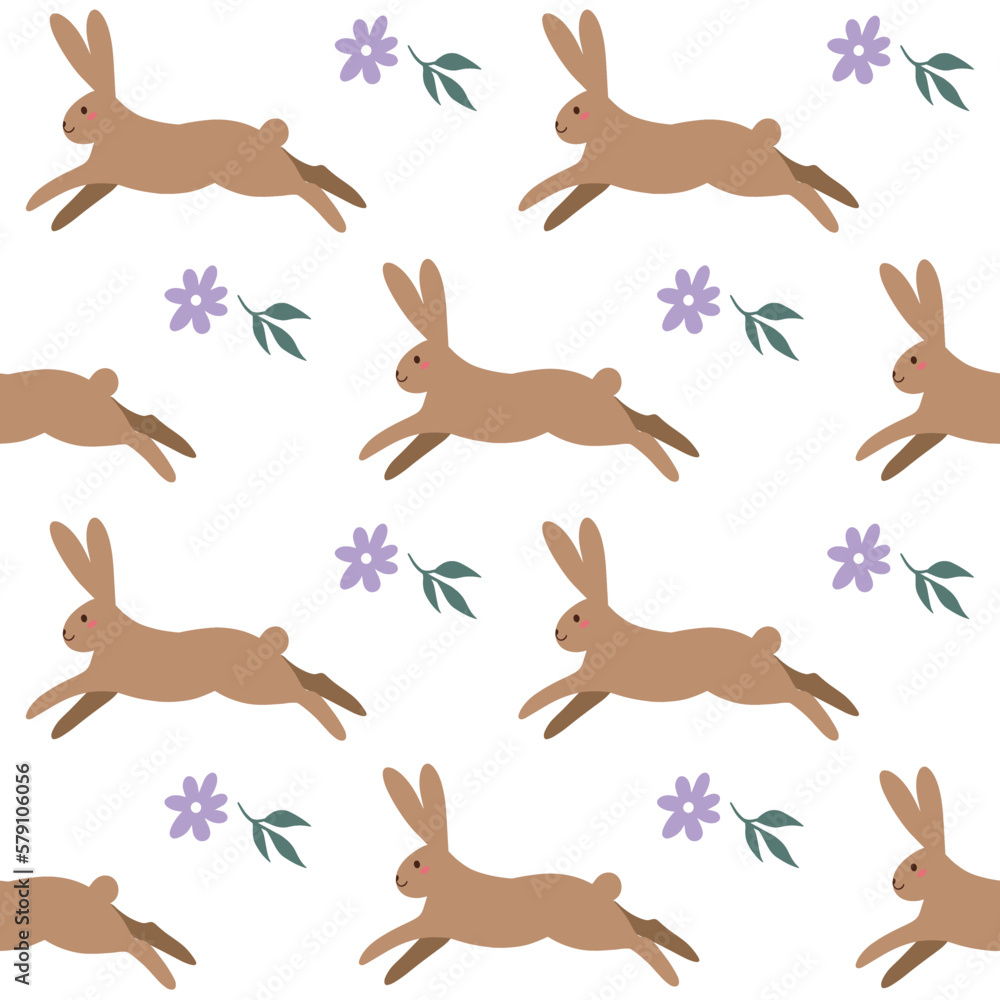 Cute bunnies seamless pattern. Easter bunnies with flowers