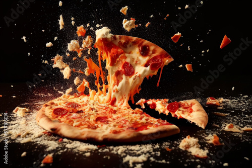 Pizza and Splashes of cheese and red pepper. Italian pizza, Juicy cheese stretches from a slice. pieces of pizza scatter to the sides.  pizza explosion, Soft focus. Ai Generated illustration. photo