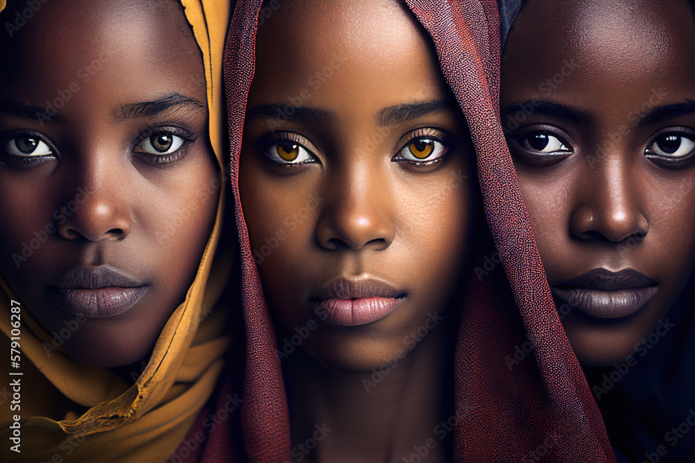 Three beautiful African black women from Tanzania, ai generative - obrazy, fototapety, plakaty 