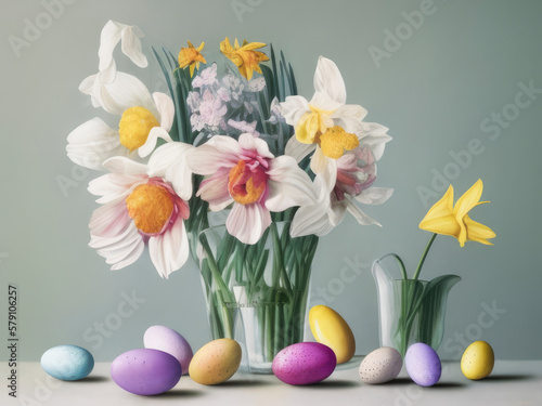 Vibrant Easter scene with a delightful display of pastel-colored Easter eggs and fresh spring flowers