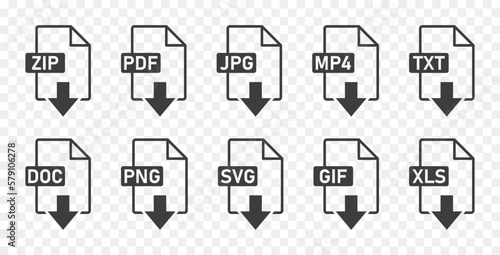 Popular file format icons with download arrow.