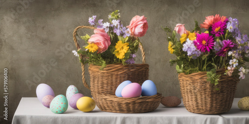 Wallpaper Mural Vibrant Easter scene with a delightful display of pastel-colored Easter eggs and fresh spring flowers Torontodigital.ca