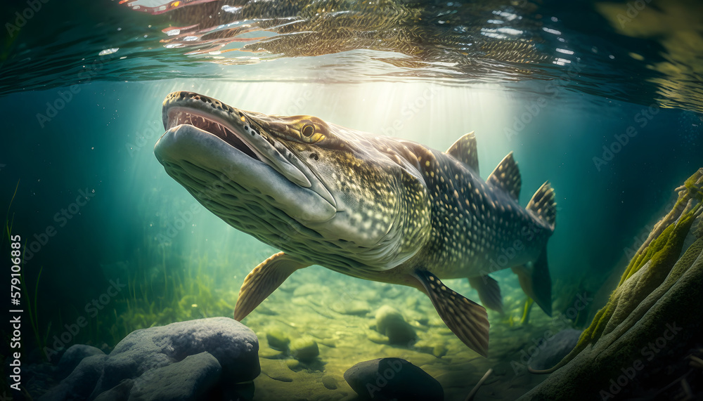 Pike Def Predatory fish pike in habitat under water looking for prey. Sport ...