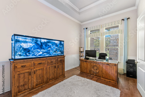 home office with an aquarium 