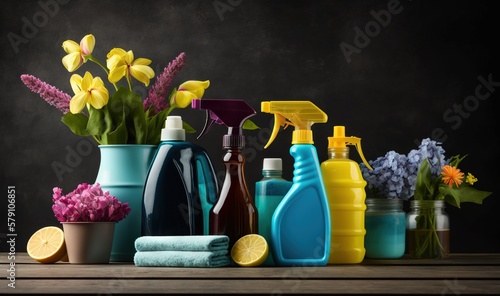  a table topped with bottles of cleaning products and a vase filled with yellow and purple flowers next to a potted plant and a lemon. generative ai