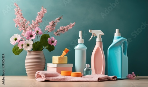  a vase with flowers and soaps on a table next to a bottle of cleaner and a bottle of sanitizer and a towel. generative ai