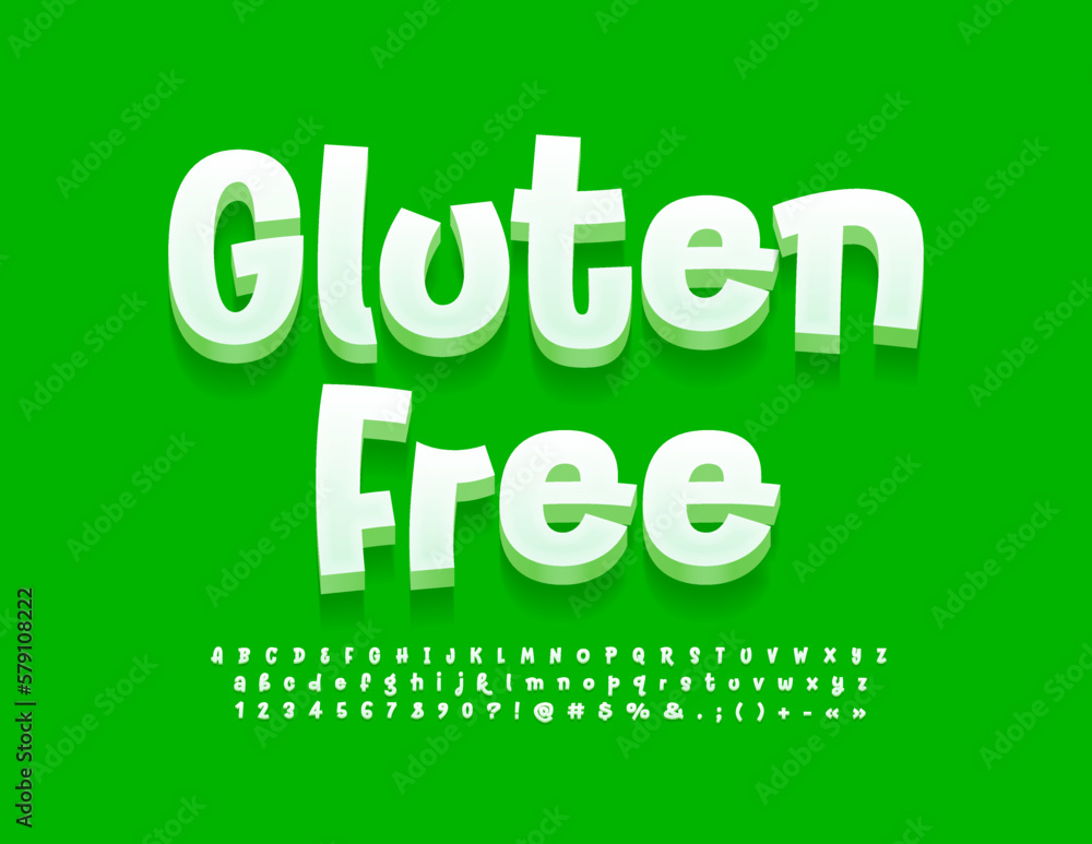 Vector bright Emblem Gluten Free. White 3D Font. Creative Alphabet Letters and Numbers set Vector bright Emblem Gluten Free. White 3D Font. Creative Alphabet Letters and Numbers set