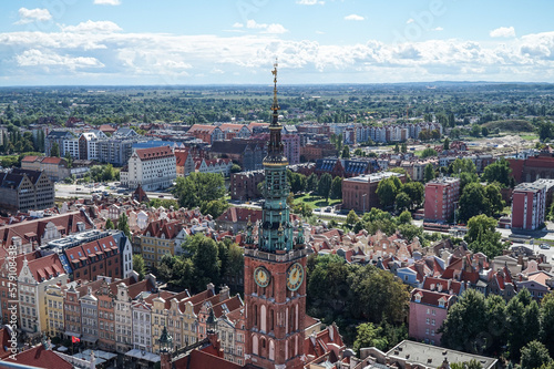 Spire of the cathedral in Gdansk. View from a height. Poland.