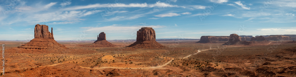 Monument Valley with West and East Mittens, from top of valley, Panorama