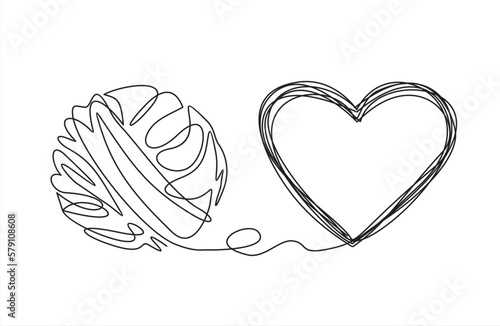 Chaos and heart abstract minimalist concept vector illustration. Metaphor of disorganized difficult problem, mess with black single continuous tangle thread in need of unraveling isolated on white