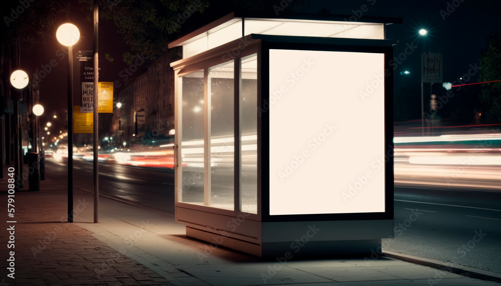 Bus stop shelter with empty space for writing, Mockup, at night, generative ai 