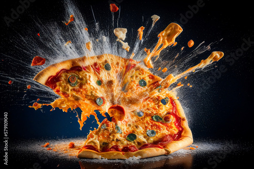 Pizza and Splashes of cheese and red pepper. Italian pizza, Juicy cheese stretches from a slice. pieces of pizza scatter to the sides.  pizza explosion, Soft focus. Ai Generated illustration. photo