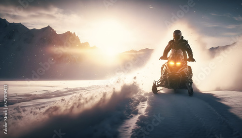 Sport skidoo of Winter Extreme Freeride Snowmobile fresh powder snow with sunlight. Generation AI