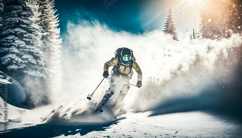 Banner Extreme skiing. Freeride ski in fresh powder snow with sunlight. Winter action photo. Generation AI