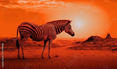  a zebra standing in the middle of a desert with the sun setting in the background and a red sky with clouds and a few clouds.  generative ai