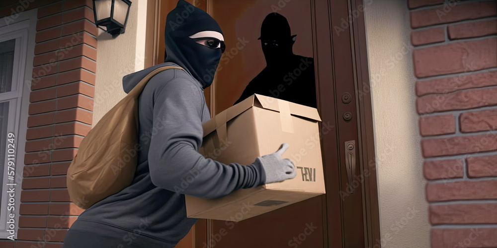 A burglar steals a box from a house - Generative AI A burglar steals a box from a house - Generative AI