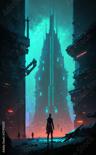 person in a Cyberpunk city huge building