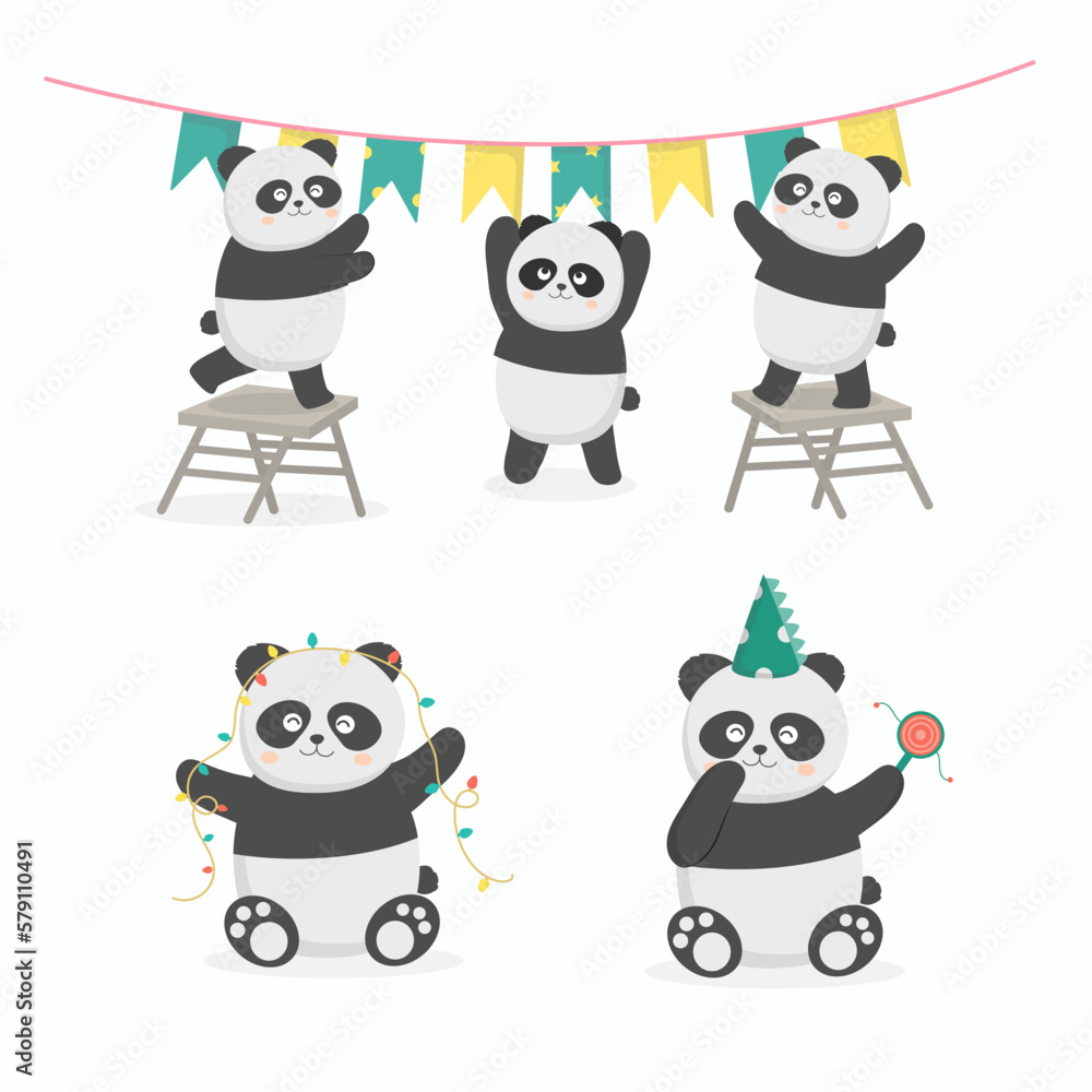 Naklejka premium Panda birthday party preparation together with flag and light.