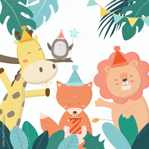 lion, fox, penguin and giraffe has birthday party at home.
