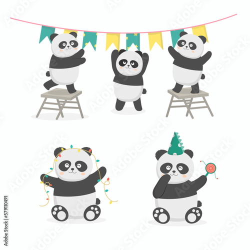 Panda birthday party preparation together with flag and light.