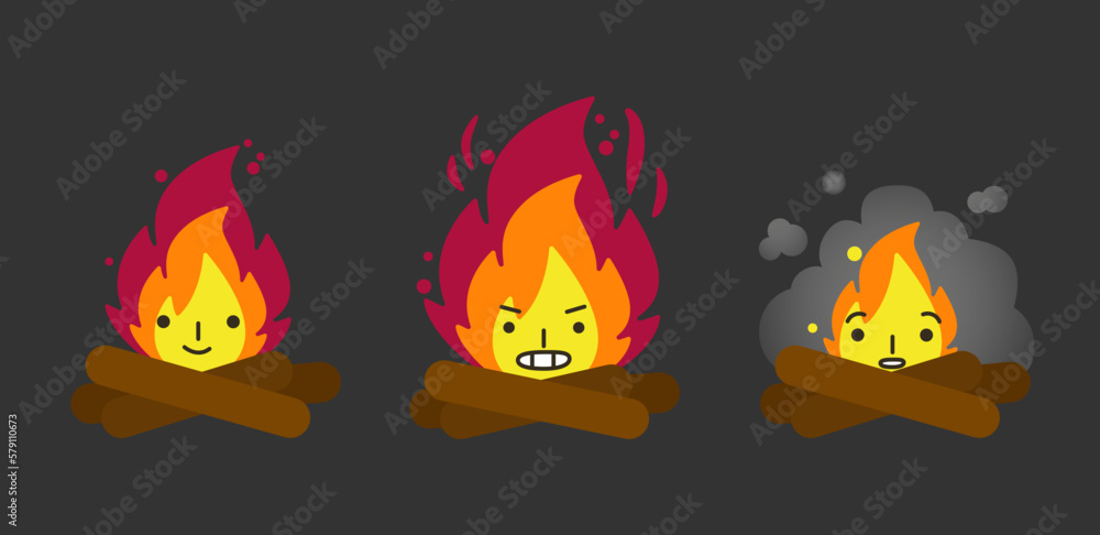 The illustration features a cartoonish fire with an expressive face portraying anger . The flames are depicted in shades of red, orange, and yellow, with thick black smoke rising from the fire. Vector