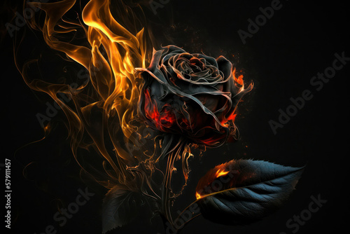 artfully made rose of black metal burns in fire.  generative AI
