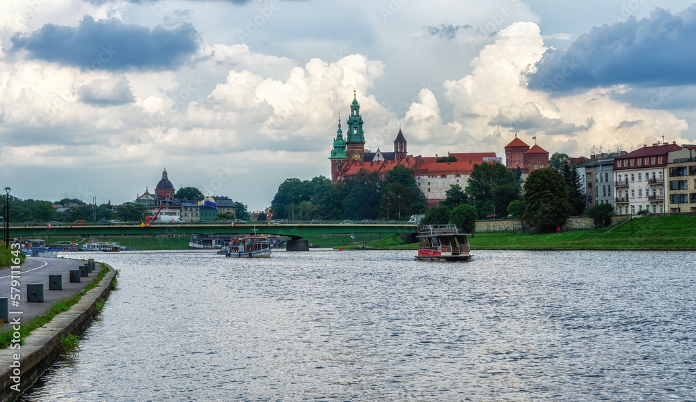 A view of Wawel castle located on bank of Vistula river in Krakow city, Poland