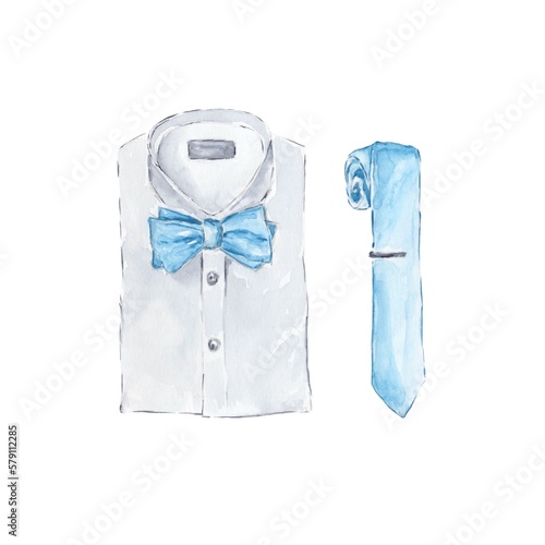 Men’s classic shirt with bow tie and tie painted in watercolor on a white background.