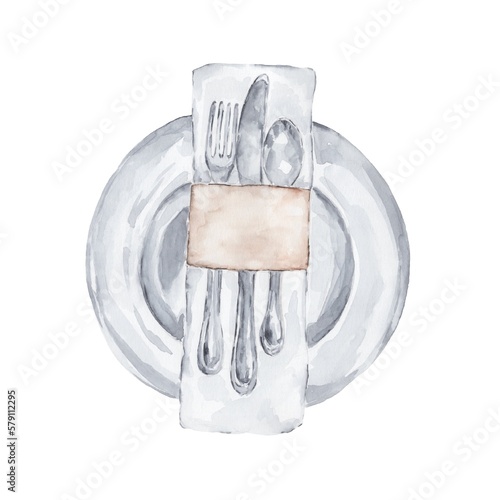 Festive cutlery. Dishes complete with plate, fork, spoon, 
and knife. Serving dishes painted in watercolor on a white background. 