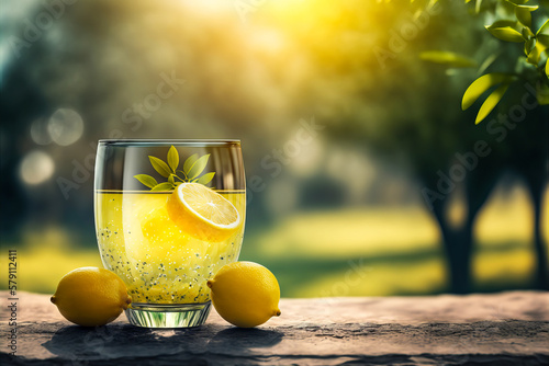 Refreshing glass of lemonade in a summer garden's lush atmosphere. Including a lemon fruit, beautifully soft and fresh with a hint of citrusy drink. Generative AI