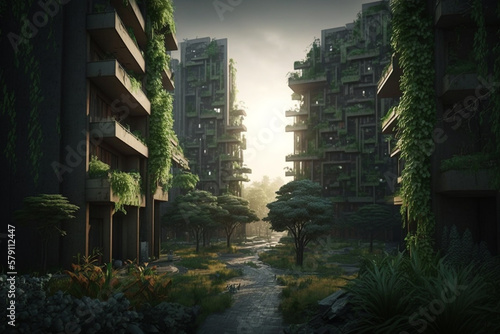 an abandoned city overgrown with greenery, created by a neural network, Generative AI technology photo
