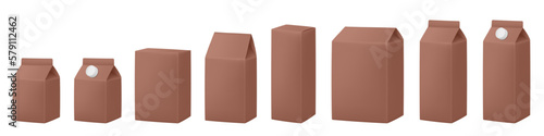 Brown boxes for dairy products. Blank cardboard package boxes mockup. Box set. Set of juice or milk cardboard package. Vector mockup set. Realistic carton package with cap.