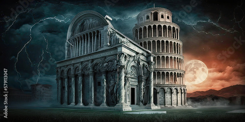 Photographie The iconic Leaning Tower of Pisa after a natural disaster - Generative AI