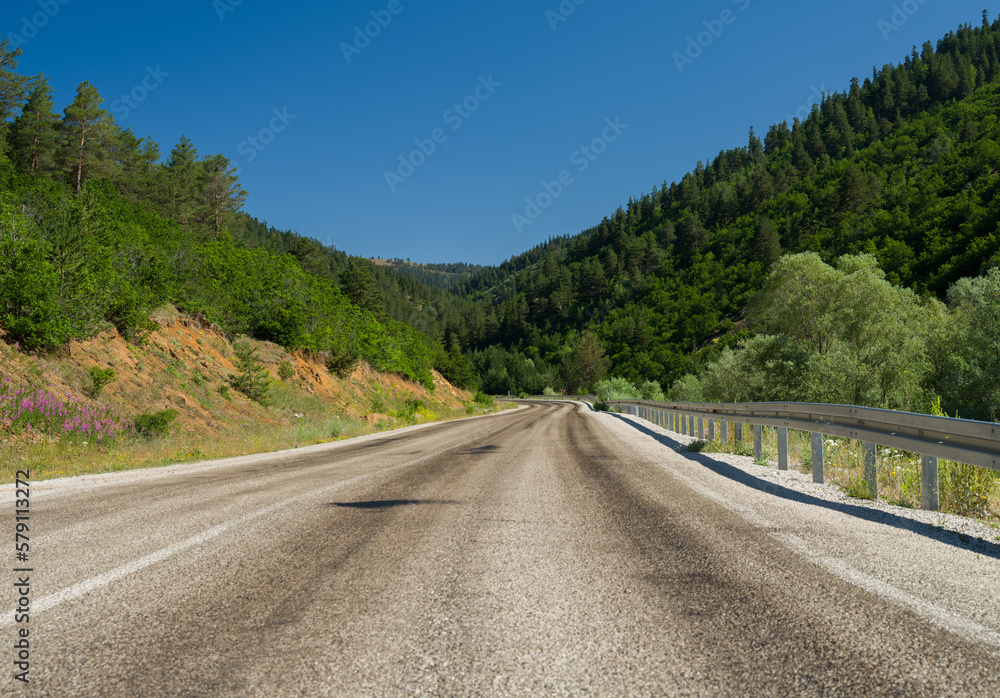 Background for journey theme. Empty asphalt mountain road on a beautiful spring day