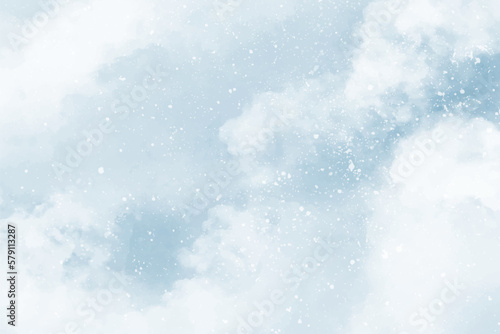 Abstract blue winter watercolor background. Sky pattern with snow. Light blue watercolour paper texture background. Vector water color design illustration