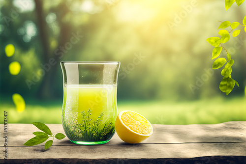 A refreshing drink served in a lemon colored summer garden, enhanced with fruit and a soft, fresh nature. A harmonious and serene image of fruit juice. Generative AI