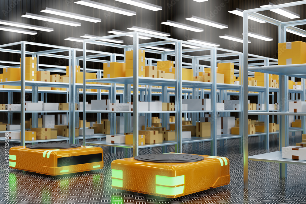 Agv robots. Modernized warehouse. Automated guided vehicles. Agv cart near shelves. Steel with boxes in warehouse. Automated guided vehicles for fulfillment process. Warehouse without people. 3d image