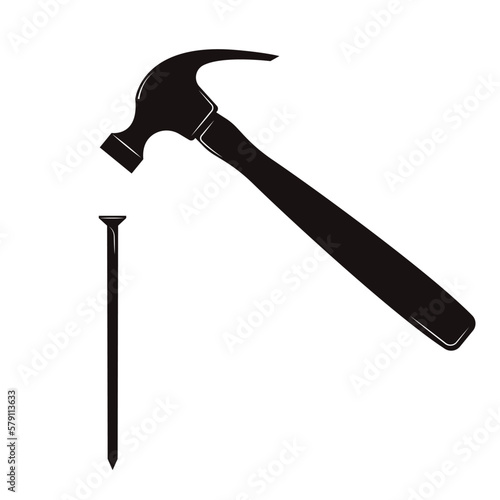 Tools nail and hammer. Black silhouette with a white line.