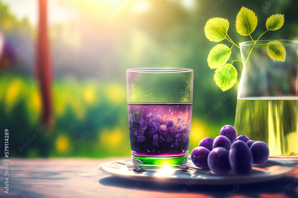 A natural and healthy drink, grape juice in a plant garden with deep