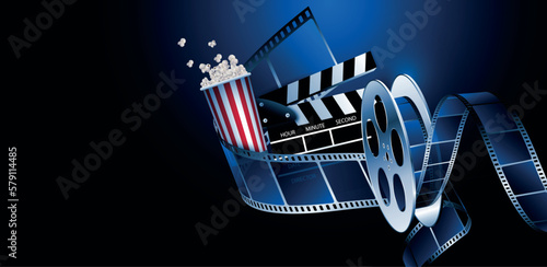 proiezione film, cinema, pellicola, spettacolo, film con pop corn su sfondo blu