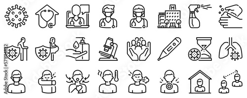 Line icons about coronavirus on transparent background with editable stroke.
