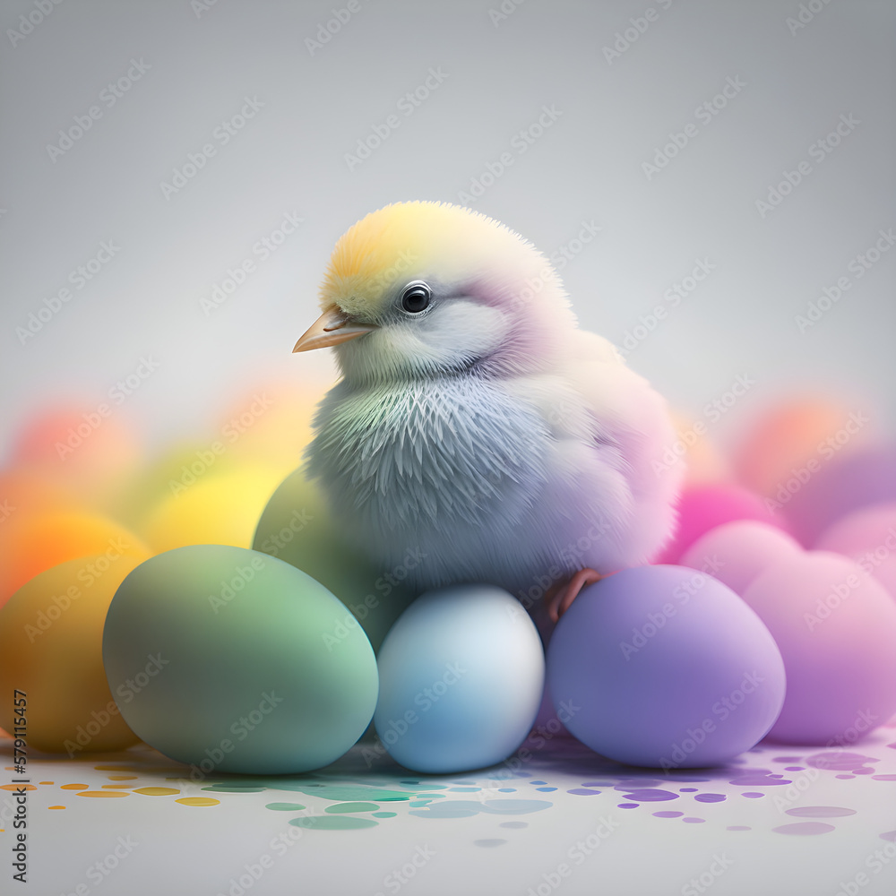 Pastel Rainbow Easter Chick sitting on Easter eggs 