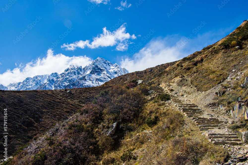 High Altitudes of Manaslu Circuit Trek With Snowy Peaks and  Valleys in the Himalayas of Nepal