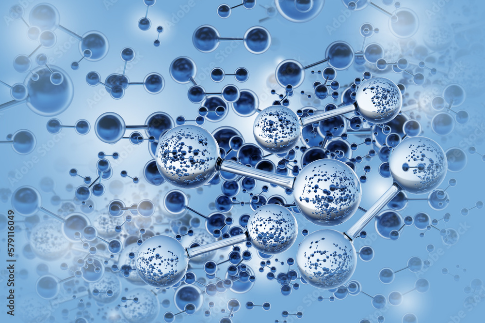 Hydrogen background. Molecules on blue. H2 atoms in liquid. Hydrogen