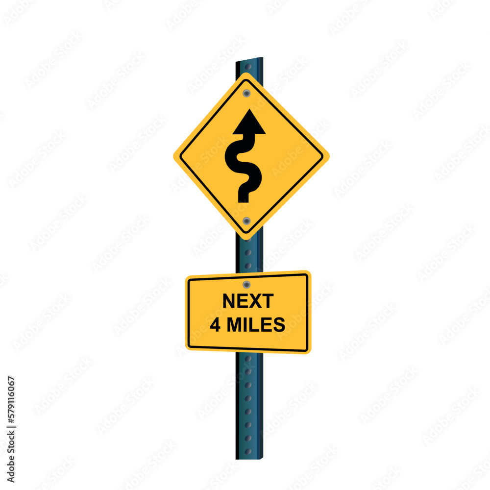 Winding road and next four miles signs. yellow board sign road sign transportation sign Winding road and next four miles signs. yellow board sign road sign transportation sign